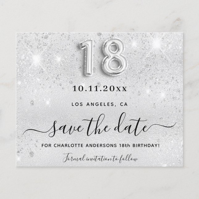 18th birthday silver glitter budget save the date flyer (Front)