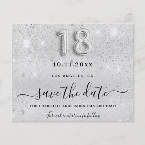 18th birthday silver glitter budget save the date