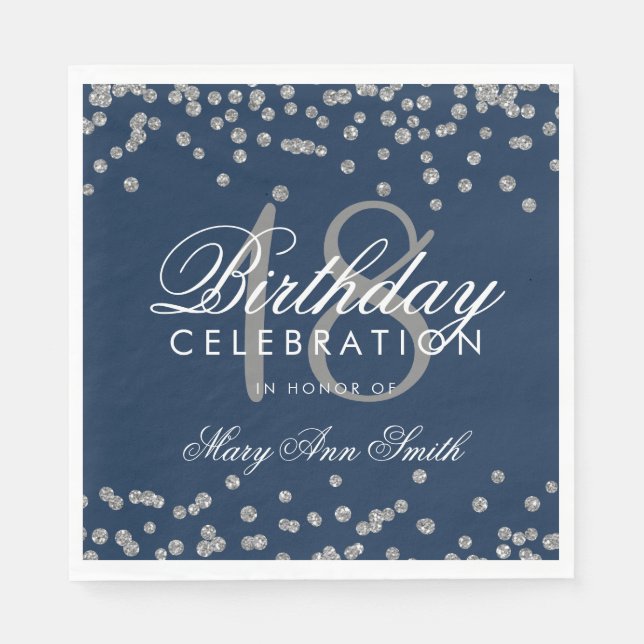 18th Birthday Silver Glitter Confetti Navy Blue Napkins (Front)