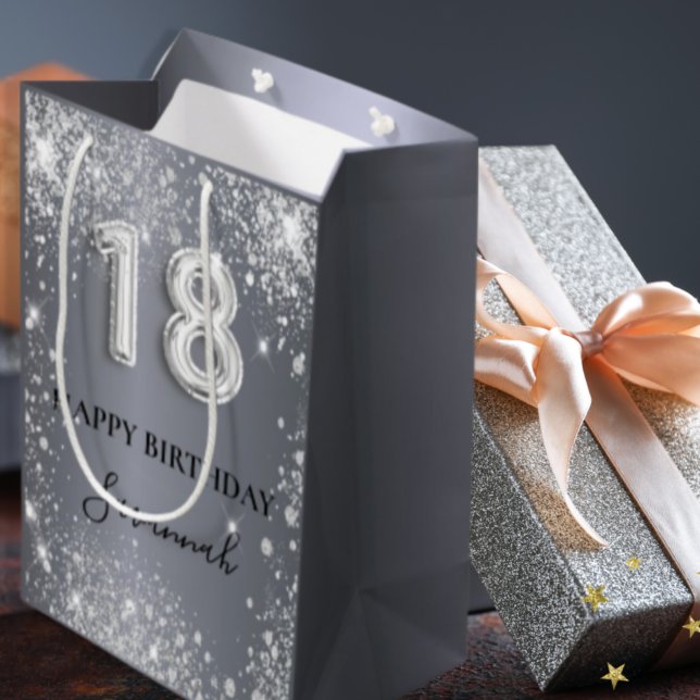 18th birthday silver glitter glamorous monogram medium gift bag (Creator Uploaded)