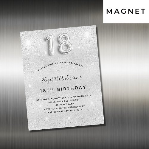 18th birthday silver glitter invitation magnet