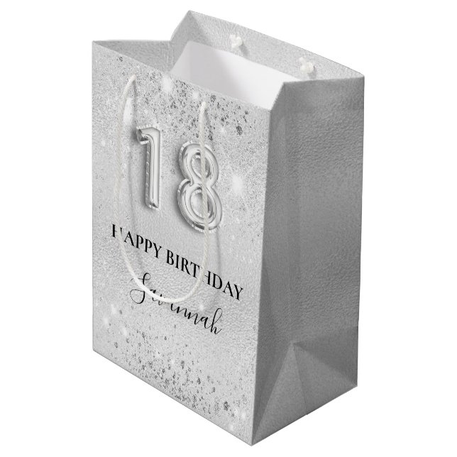 18th birthday silver glitter monogram  medium gift bag (Back Angled)