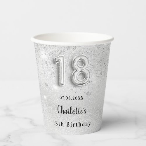 18th birthday silver glitter name paper cups