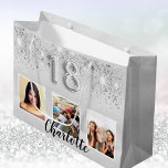 18th birthday silver glitter photo name large gift bag<br><div class="desc">A gift bag for a girly and glamorous 18th birthday.  A silver looking  background with glitter. Personalize and add 3 photos and a name.  Number 18 is written with a balloon style font. Perfect as a party favor bag or as a gift  bag.</div>