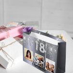 18th birthday silver glitter photo name large gift bag<br><div class="desc">A gift bag for a girly and glamorous 18th birthday.  A silver metallic looking  background with glitter dust. Personalize and add 3 photos and a name.  Number 18 is written with a balloon style font. Perfect as a party favor bag or as a gift  bag.</div>