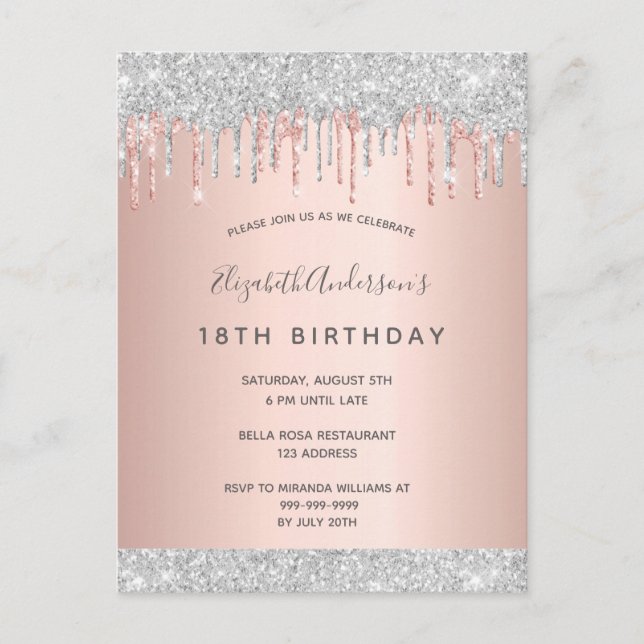 18th birthday silver glitter pink rose invitation postcard (Front)