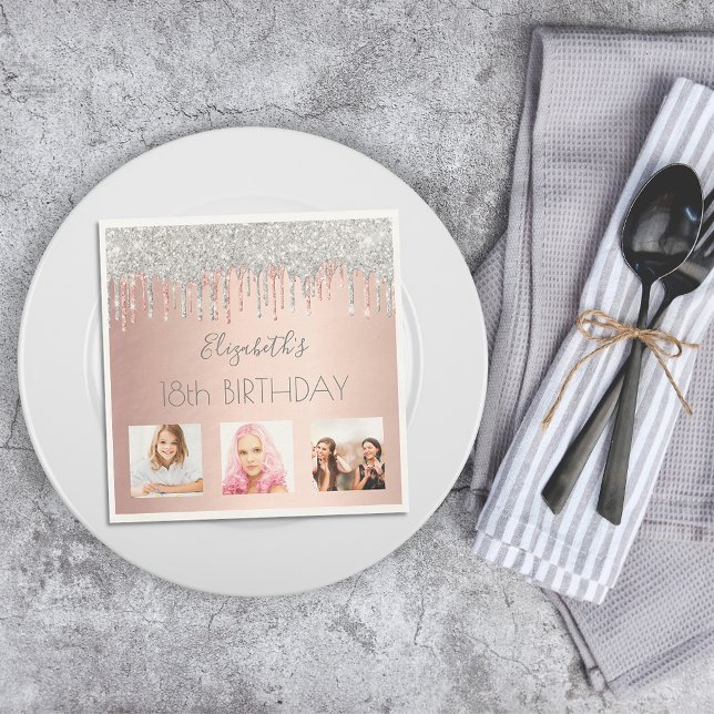 18th birthday silver glitter rose gold blush photo napkins (Creator Uploaded)