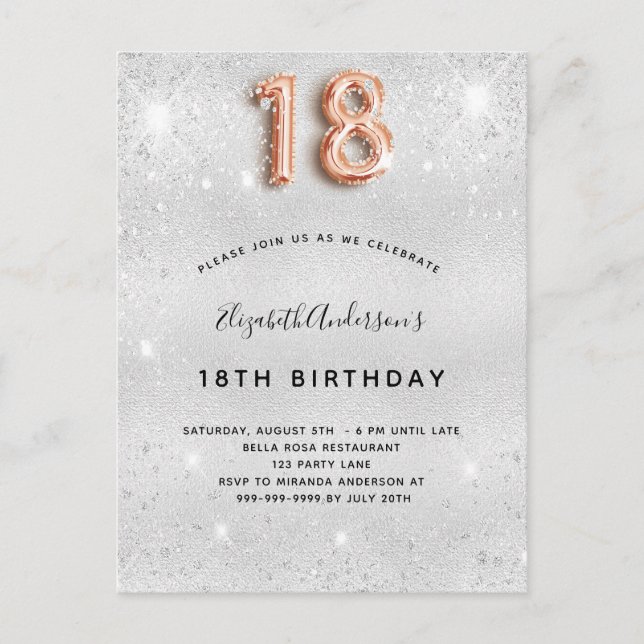 18th birthday silver metal rose gold glitter dust invitation postcard (Front)