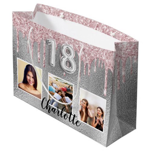 18th birthday silver pink glitter drips photo name large gift bag