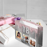 18th birthday silver pink glitter drips photo name large gift bag<br><div class="desc">A gift bag for a feminine and glamorous 18th birthday. A faux silver metallic looking background with blush pink faux glitter drips, paint dripping look. Personalize and add 3 photos and a name. Number 18 is written with a balloon style font. Perfect as a party favor bag or as a...</div>