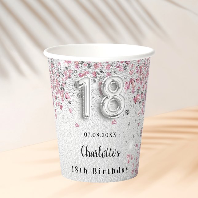 18th birthday silver pink glitter name paper cups (Creator Uploaded)