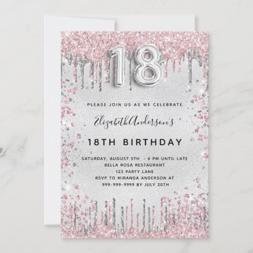 18th birthday silver pink metal glitter dust invitation