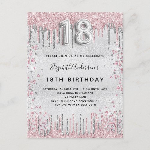 18th birthday silver pink metal glitter dust invitation postcard