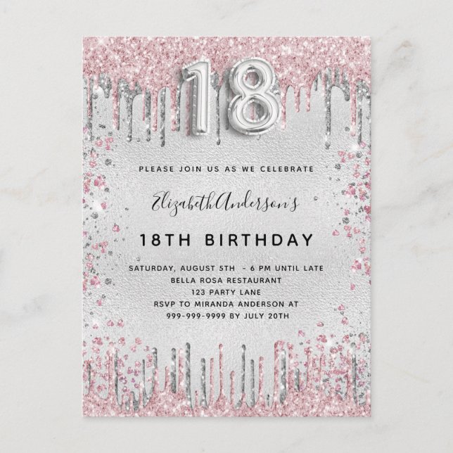 18th birthday silver pink metal glitter dust invitation postcard (Front)