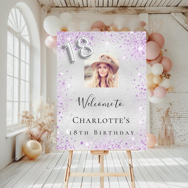 18th birthday silver purple glitter photo welcome foam board (Creator Uploaded)