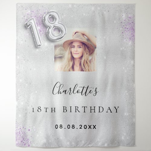 18th birthday silver purple photo glitter welcome tapestry