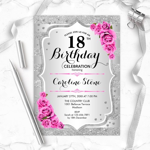 18th Birthday _ Silver Stripes Pink Roses Invitation