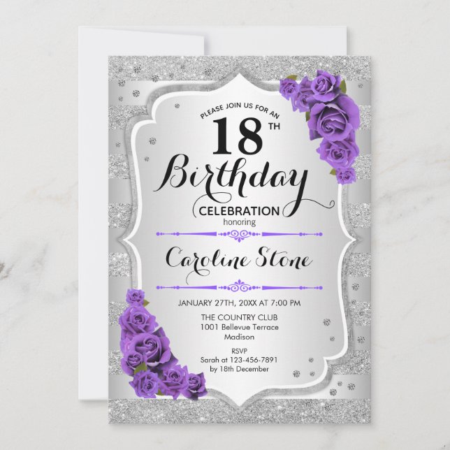 18th Birthday - Silver Stripes Purple Roses Invitation (Front)