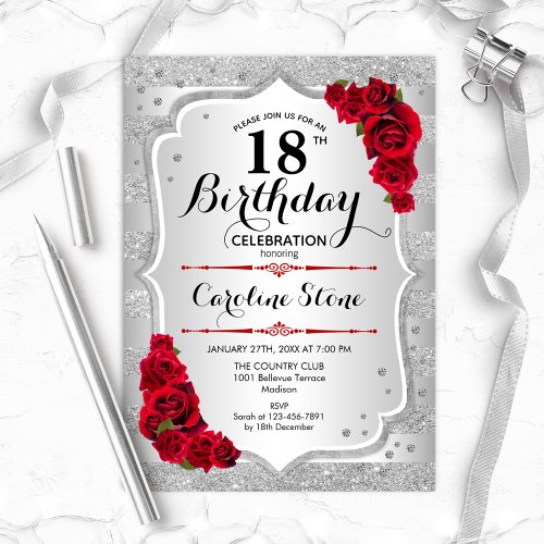 18th Birthday _ Silver Stripes Red Roses Invitation