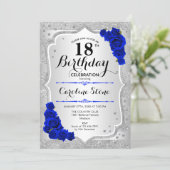 18th Birthday - Silver Stripes Royal Blue Roses Invitation (Standing Front)