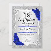 18th Birthday - Silver Stripes Royal Blue Roses Invitation (Front)