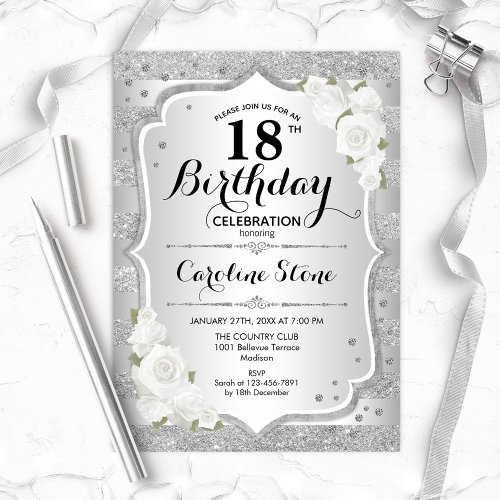 18th Birthday _ Silver Stripes White Roses Invitation