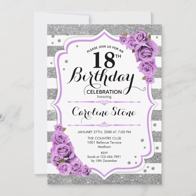 18th Birthday -  Silver White Stripes Purple Roses Invitation (Front)