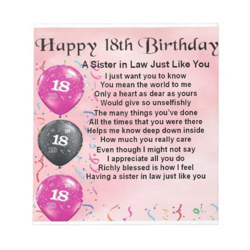 18th Birthday _ Sister in Law Poem Notepad