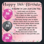 18th Birthday - Sister in Law Poem Square Sticker<br><div class="desc">A great gift for a sister in law</div>