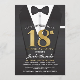 18th Birthday Spy Suit Black tie Gold Invitation