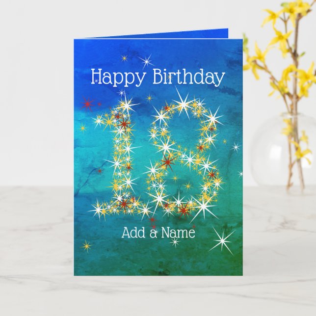 18th Birthday - Star Numbers - Blue Green - Age 18 Card (Yellow Flower)