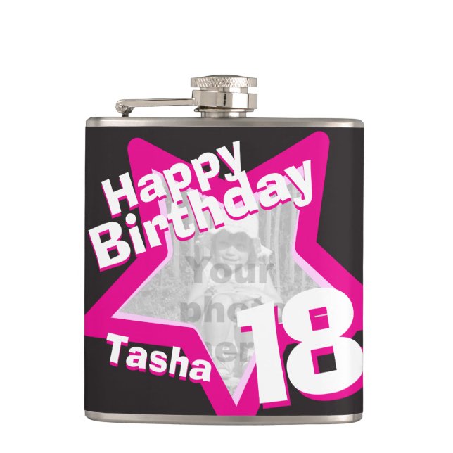 18th birthday star photo girls hip flask (Front)