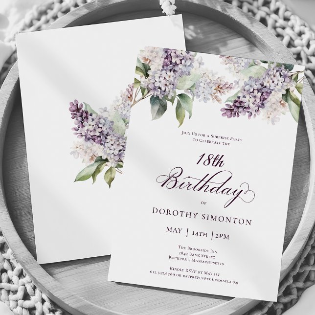 18th Birthday Surprise Party Purple Lilac Flower Invitation (Creator Uploaded)
