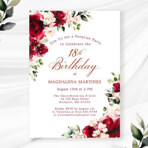 18th Birthday Surprise Party Red Pink Floral Invitation