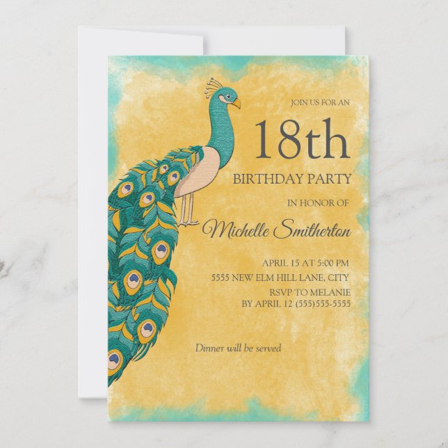 18th Birthday Teal Yellow Watercolor Peacock Invitation (Front)