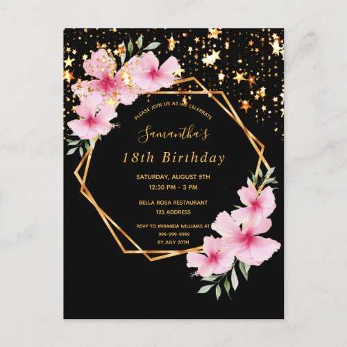 18th birthday tropical black gold stars invitation postcard