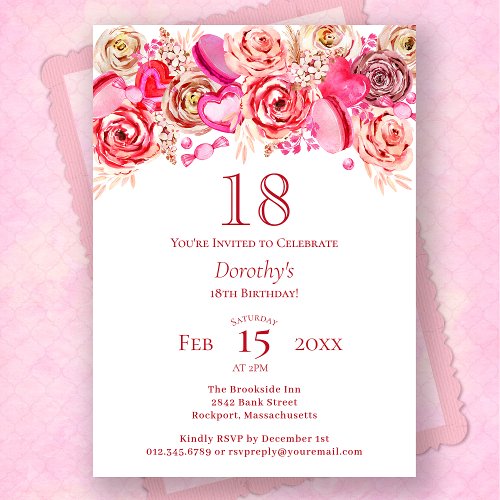 18th Birthday Valentine Pink Rose Swirly Heart Invitation