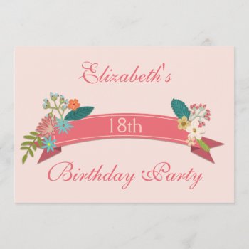 18th Birthday Vintage Flowers Pink Banner Invitation by JK_Graphics at Zazzle