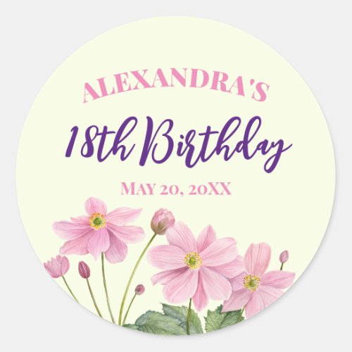 18th Birthday Watercolor Pink Japanese Anemone Classic Round Sticker