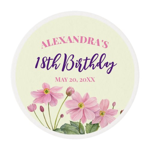 18th Birthday Watercolor Pink Japanese Anemone Edible Frosting Rounds