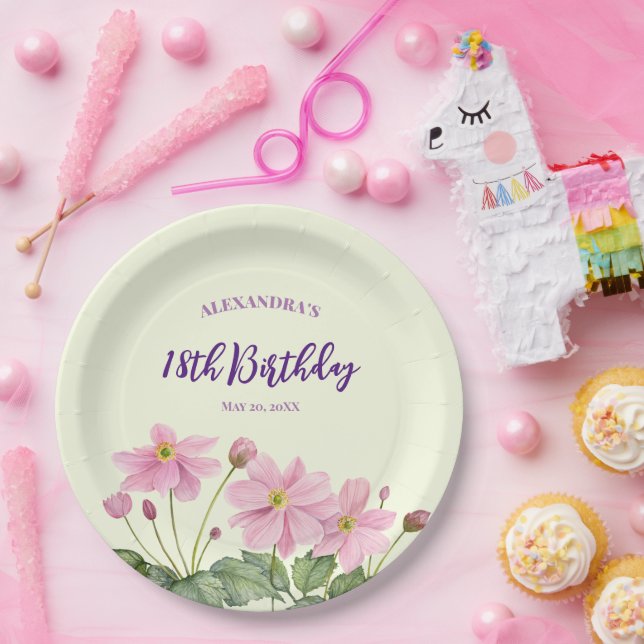 18th Birthday Watercolor Pink Japanese Anemone Paper Plates (Party)