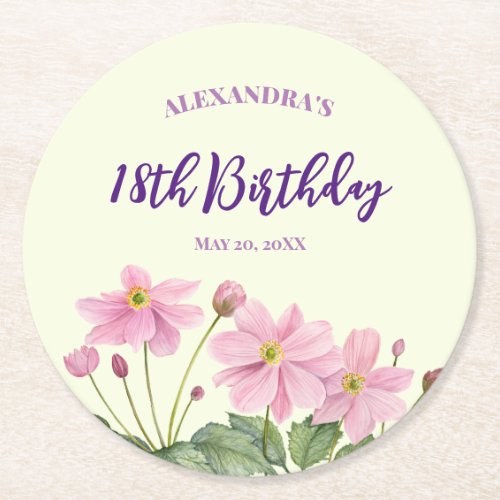 18th Birthday Watercolor Pink Japanese Anemone Round Paper Coaster