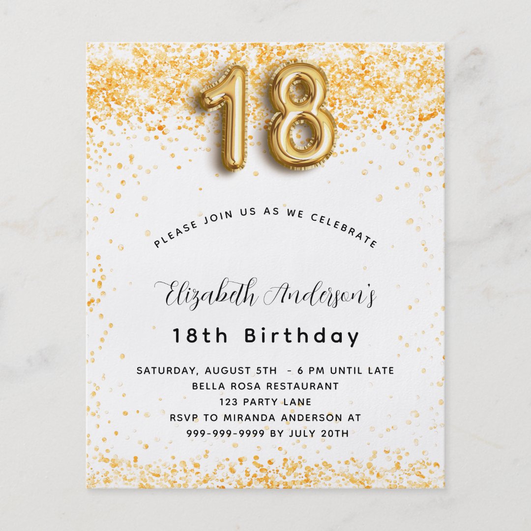 18th birthday white gold glitter budget invitation flyer | Zazzle