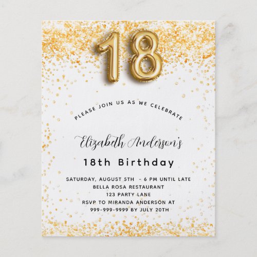 18th birthday white gold glitter budget invitation