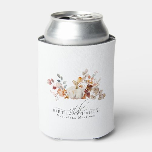 18th Birthday White Pumpkin Fall Flowers Custom Can Cooler