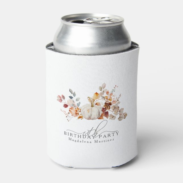 18th Birthday White Pumpkin Fall Flowers Custom Can Cooler (Can Front)
