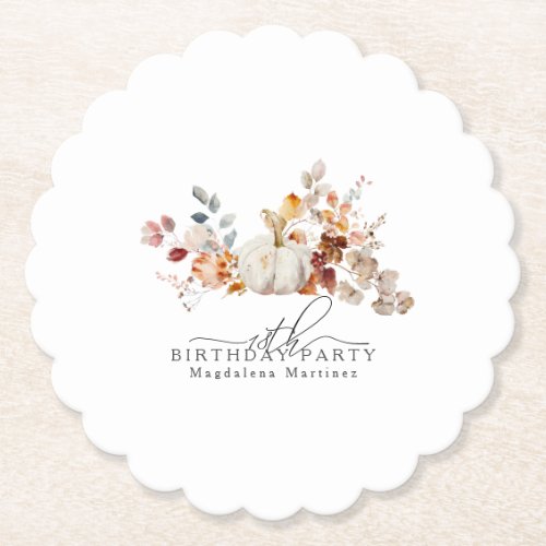 18th Birthday White Pumpkin Fall Flowers Custom Paper Coaster