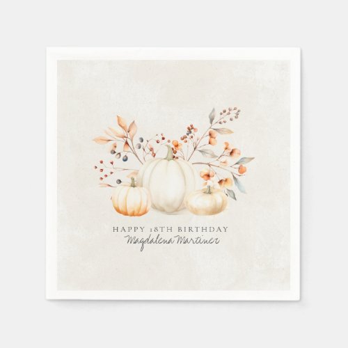 18th Birthday White Pumpkin Fall Leaves Custom Napkins