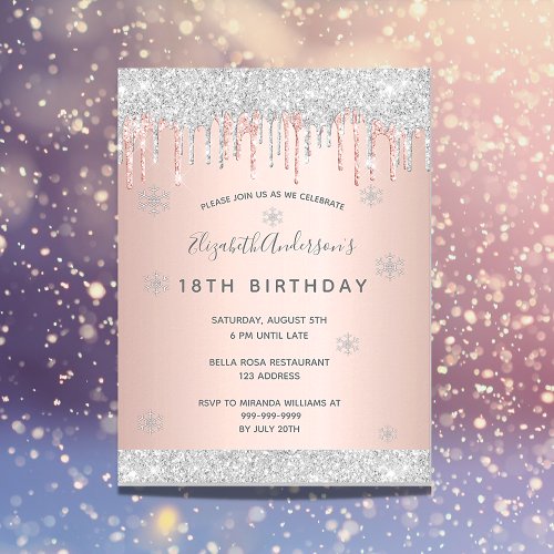 18th birthday winter silver rose pink invitation postcard