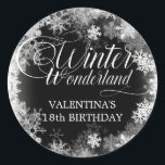 18th Birthday Winter Wonderland Snowflake Favor Classic Round Sticker<br><div class="desc">Elegant winter wonderland 18th birthday invitation features beautiful calligraphy surrounded by a lush snowflake and snow border. The snowflakes pop against the dark black background. You can actually change the background color to any color. Winter Wonderland can't be changed, but all of the remaining text can be edited. This item...</div>